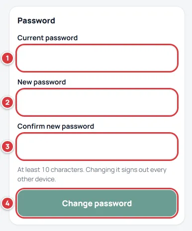 The Password card with its three fields and Change password numbered.