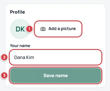 The Profile card with Add a picture, Your name and Save name numbered.