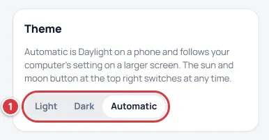 The Theme card with Light, Dark and Auto.