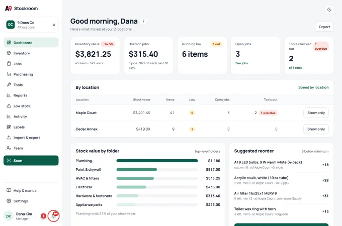 The Home dashboard on a desktop with the bell marked 1 at the bottom of the sidebar.