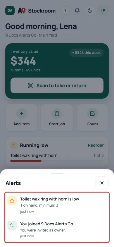 The Alerts sheet after Mark all read. The bell has no number and the alerts have no green dots.