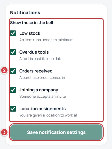 The Notifications part of My account. The list of alert kinds is marked 2 and Save notification settings is marked 3.