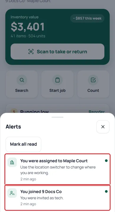 The Alerts sheet for a tech. The assigned and joined alerts are ringed.