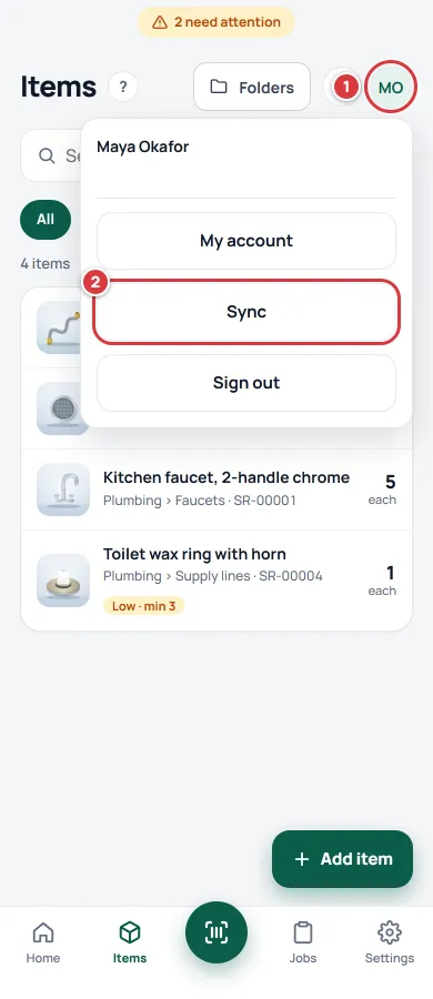 The Account menu on the Items screen. The initials button is marked 1 and Sync is marked 2.