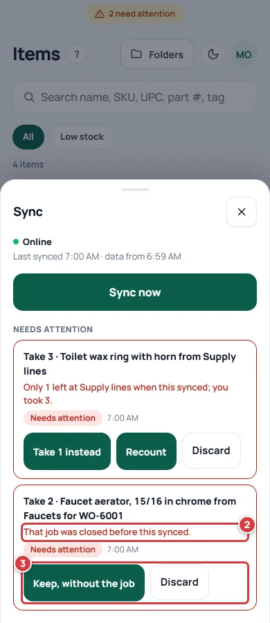 The same Sync sheet with the closed-job change. Its reason is marked 2 and its buttons are marked 3.