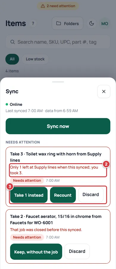 The Sync sheet with two changes under Needs attention. The reason for the toilet wax ring take is marked 2 and its buttons are marked 3.