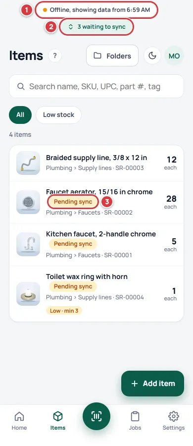 The Items list with no signal. The Offline label is marked 1, the waiting-to-sync label is marked 2 and a Pending sync tag is marked 3.