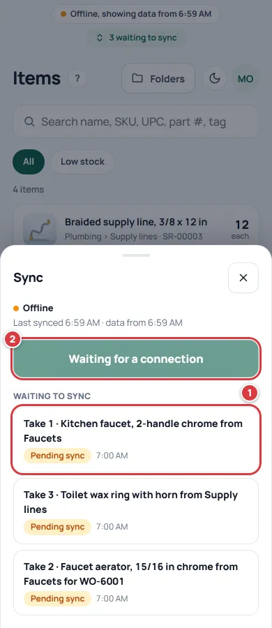 The Sync sheet with no signal. The first waiting change is marked 1 and the button that says Waiting for a connection is marked 2.