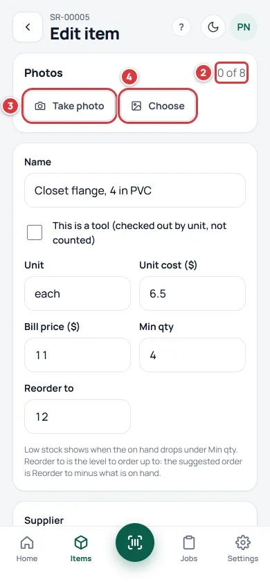 The Photos part of the Edit item screen. The photo count is marked 2, Take photo is marked 3 and Choose is marked 4.