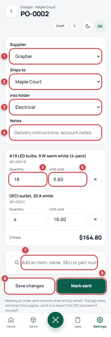 A draft order on a phone with Supplier marked 1, Ships to 2, Into folder 3, Notes 4, a line's Quantity 5 and Unit cost 6, the Add an item box 7, Save changes 8 and Mark sent 9.