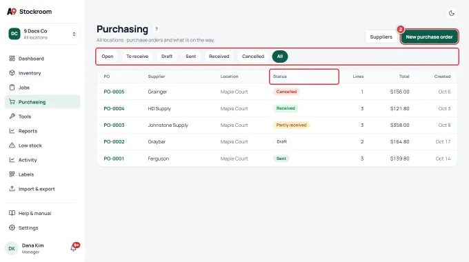 The Purchasing list on a desktop showing every order, with the New purchase order button marked 2. The filter chips and the Status column are outlined.
