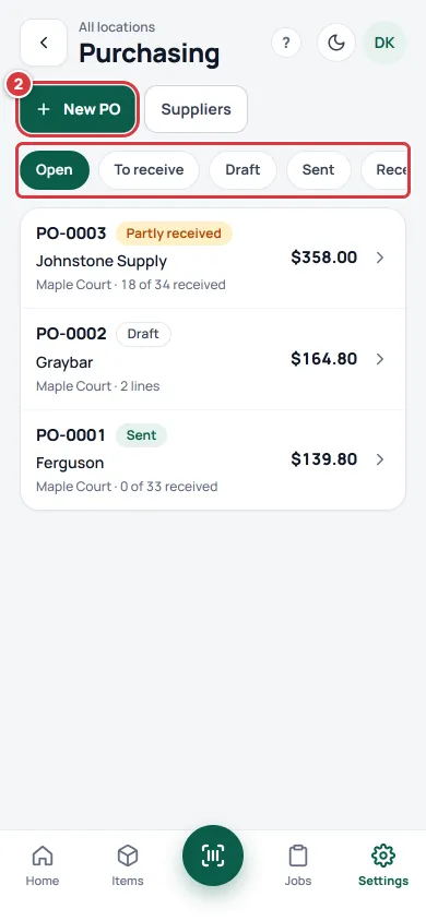 The Purchasing list on a phone with the New PO button marked 2 and the filter chips outlined.