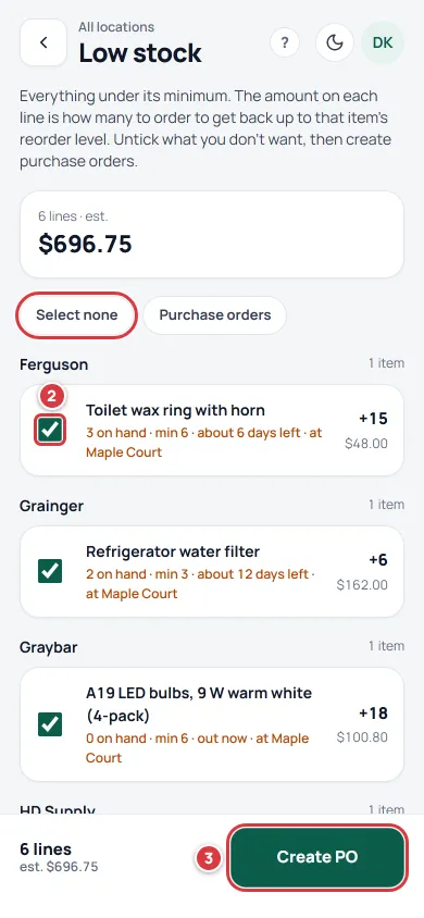 Low stock on a phone. One line's tick box is marked 2 and the Create PO button is marked 3. The Select none button is outlined.