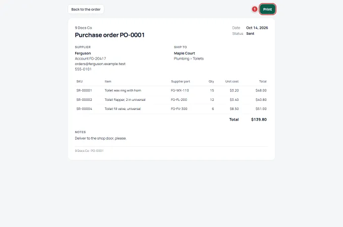 The print view of an order on a desktop: company name, PO number, date, supplier, ship-to, lines and total, with the Print button marked 1.