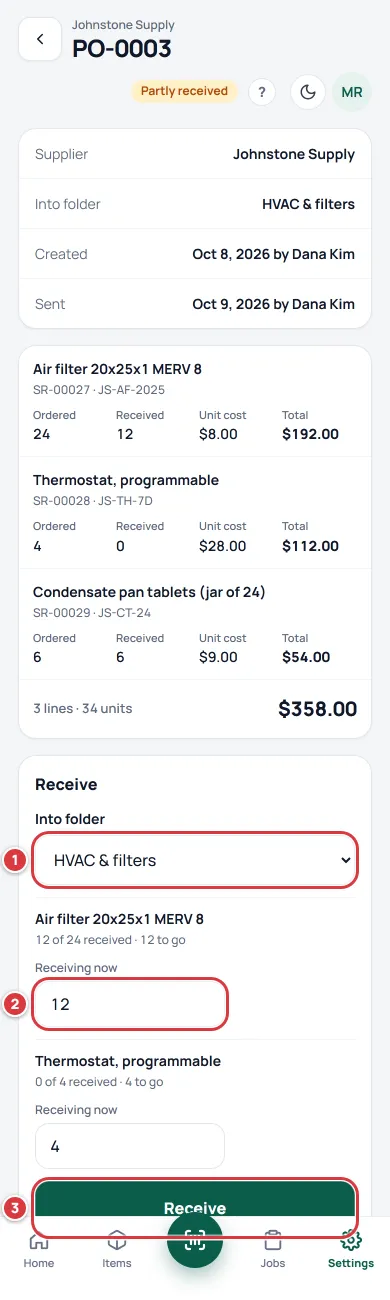 A partly received order on a phone, scrolled to the Receive panel, with Into folder marked 1, Receiving now marked 2 and Receive marked 3.
