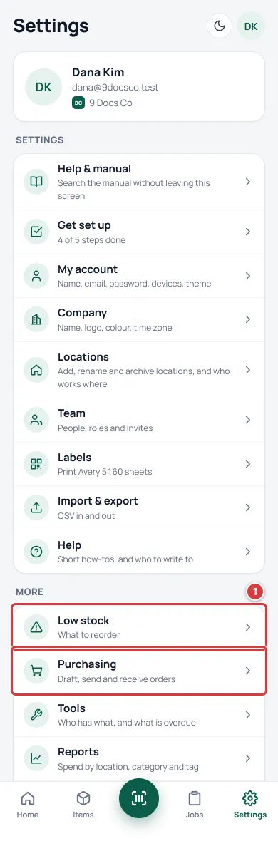 The Settings screen on a phone, scrolled to the More list, with the Low stock row marked 1 and the Purchasing row outlined.