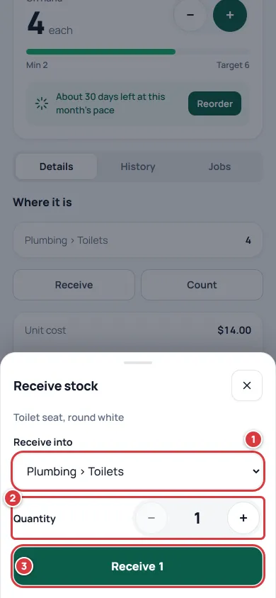 The Receive stock sheet on an item's page. Mark 1 is Receive into, mark 2 is Quantity and mark 3 is the Receive button.