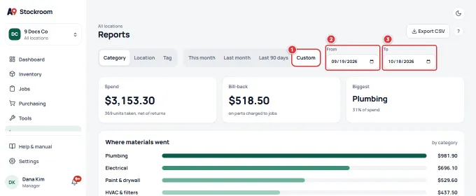 The Reports screen with Custom chosen: Custom is marked 1, the From date 2 and the To date 3.