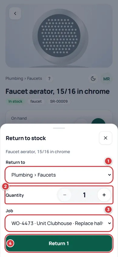 The Return to stock sheet on an item's page. Mark 1 is Return to, mark 2 is Quantity, mark 3 is Job and mark 4 is the Return button.