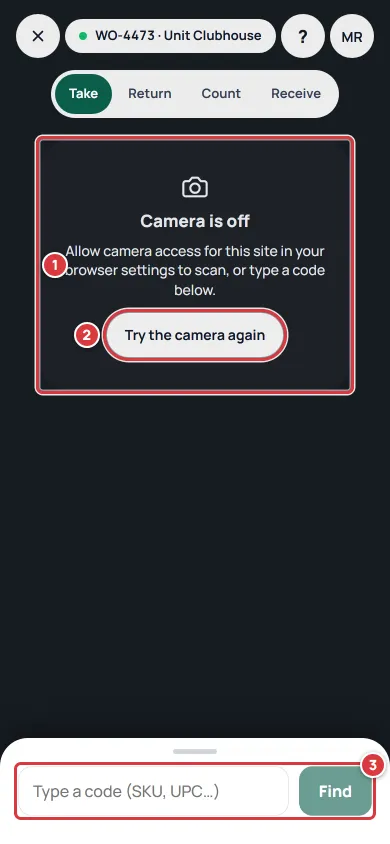 The scanner with the camera blocked. Mark 1 is the message, mark 2 is the Try the camera again button and mark 3 is the box for typing a code.