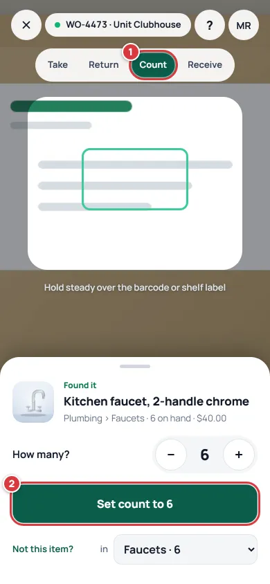 The scanner in Count mode. Mark 1 is the Count mode and mark 2 is the Set count to button.