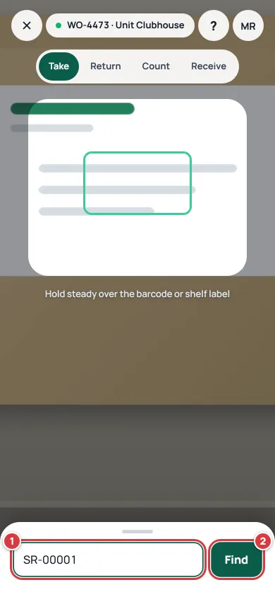The scanner with an item code typed into the box. Mark 1 is the box and mark 2 is the Find button.