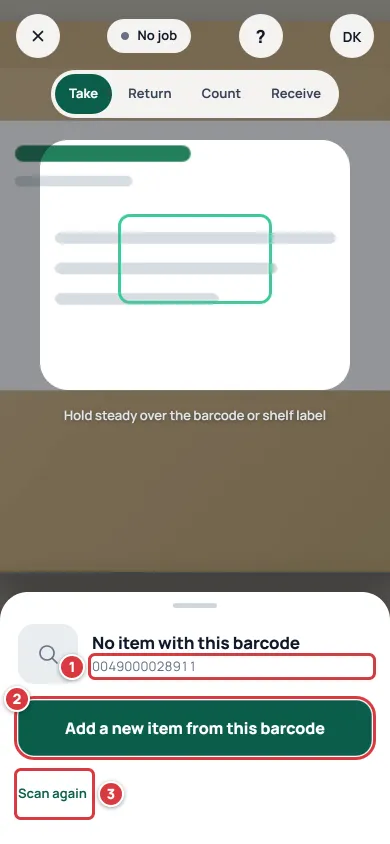 The scanner after a barcode it does not know. Mark 1 is the code, mark 2 is the Add a new item from this barcode button and mark 3 is the Scan again button.