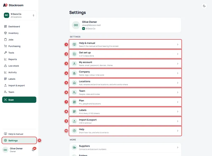 The Settings screen on a computer as the owner. Each row of the list is numbered in order, and the Settings entry of the menu is marked 10.