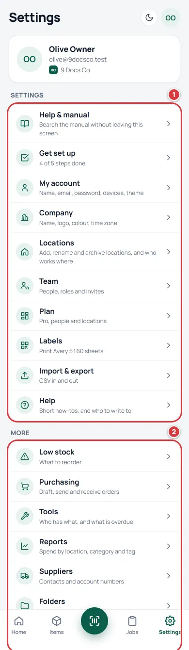The Settings screen on a phone as the owner. The first group of rows is marked 1 and the More group is marked 2.