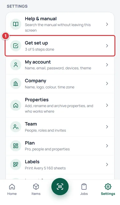 Settings on a phone with the Get set up row, showing 3 of 5 steps done, marked 1.