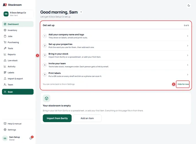 The dashboard on a computer for a brand-new company, with the Get set up card marked 1 and Hide for now marked 2.