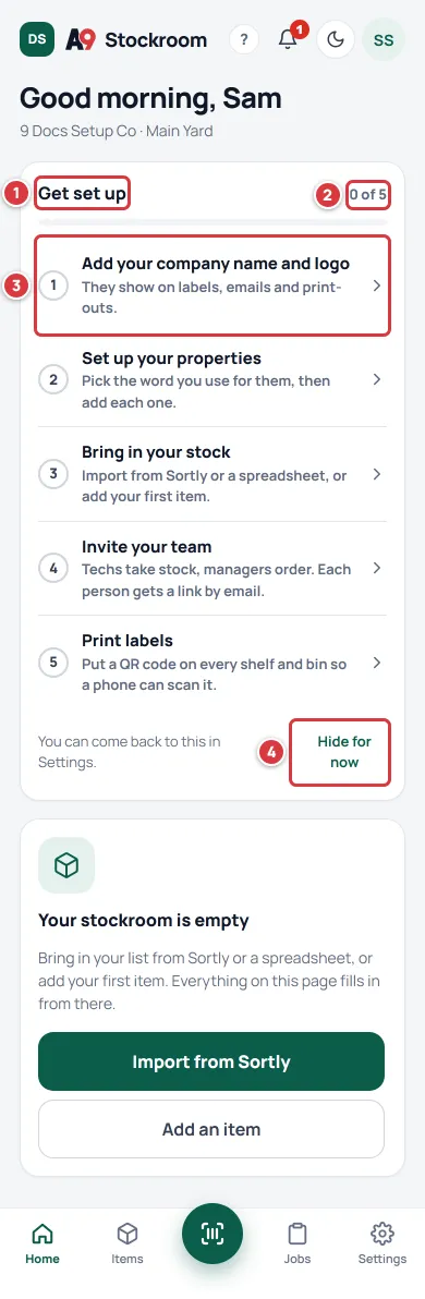 Home on a phone for a brand-new company: the Get set up heading (1), the count 0 of 5 (2), the first step, Add your company name and logo (3), and Hide for now (4), with Your stockroom is empty below.