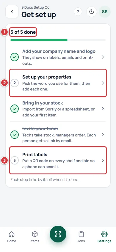 The Get set up screen in Settings: the count (1), a step still to do (2) and Print labels still to do (3).