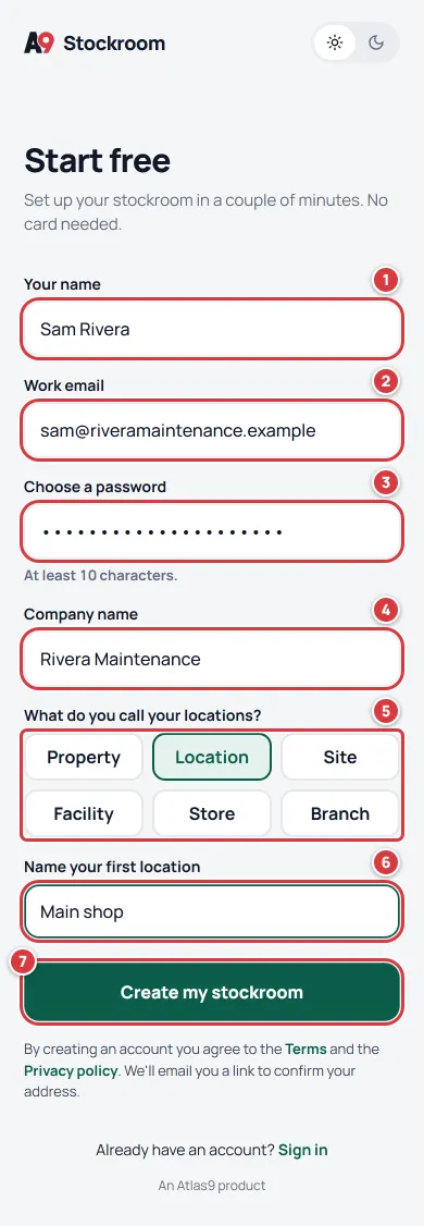 The Start free page on a phone: Your name, Work email, Choose a password, Company name, the six words for a location, the name of the first location and the Create my stockroom button, marked 1 to 7.
