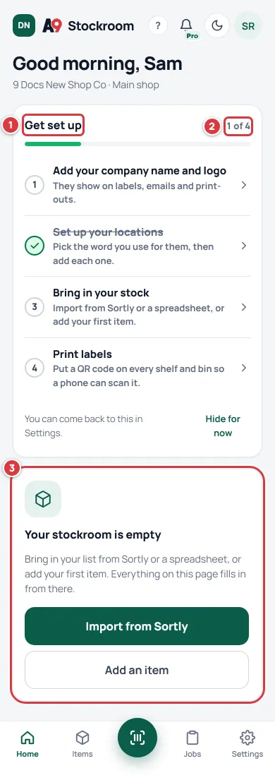 Home for a brand-new Free company: the Get set up checklist (1) with its count (2), and Your stockroom is empty below it (3).