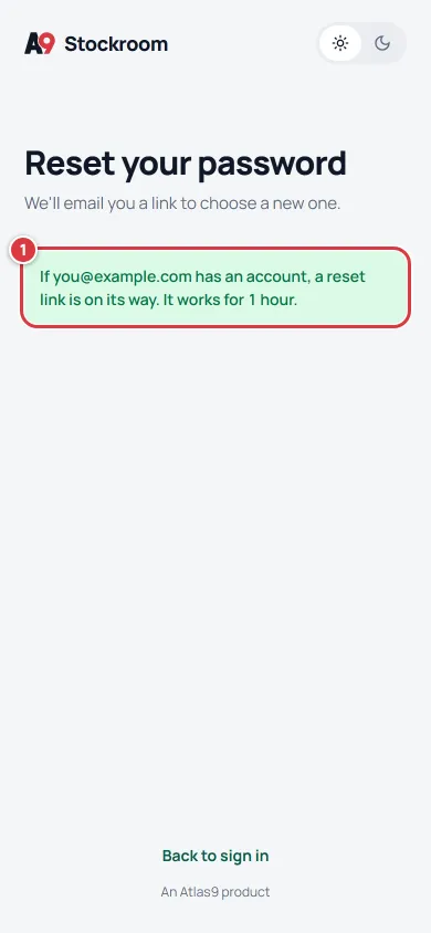 The Reset your password screen after sending, with a green message saying a reset link is on its way.