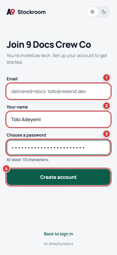 The invite page on a phone: your email is filled in, then Your name, Choose a password and the Create account button, marked 1 to 4.
