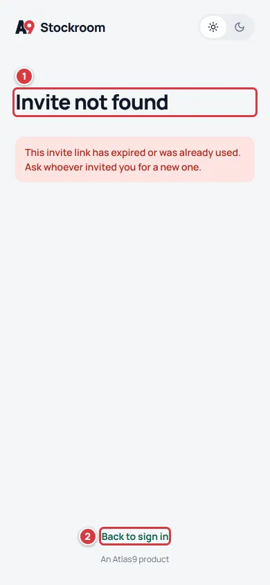 The Invite not found screen: This invite link has expired or was already used, with a Back to sign in link.