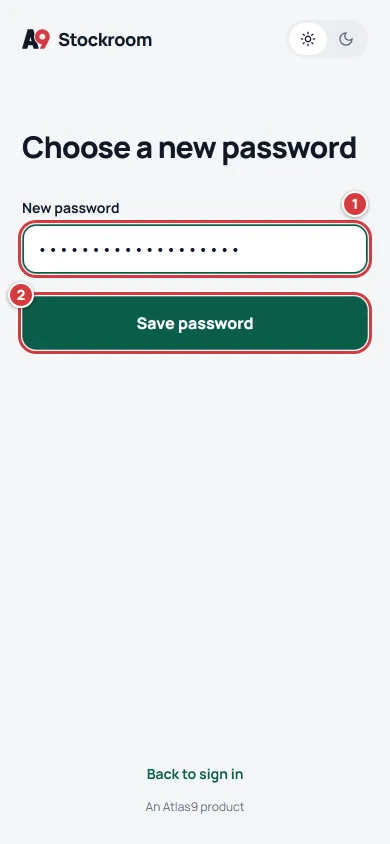 The Choose a new password screen: the New password field and the Save password button, marked 1 and 2.