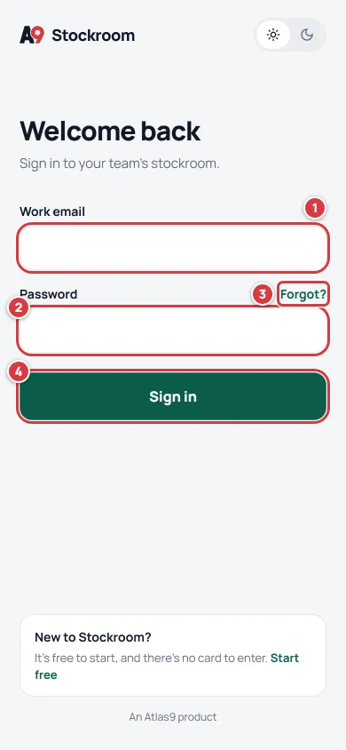 The sign-in screen on a phone with the Work email field, the Password field, the Forgot? link and the Sign in button marked 1 to 4.