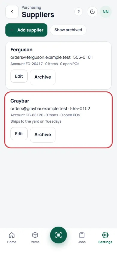 The Suppliers list after a supplier was added. The new supplier, Graybar, is outlined.
