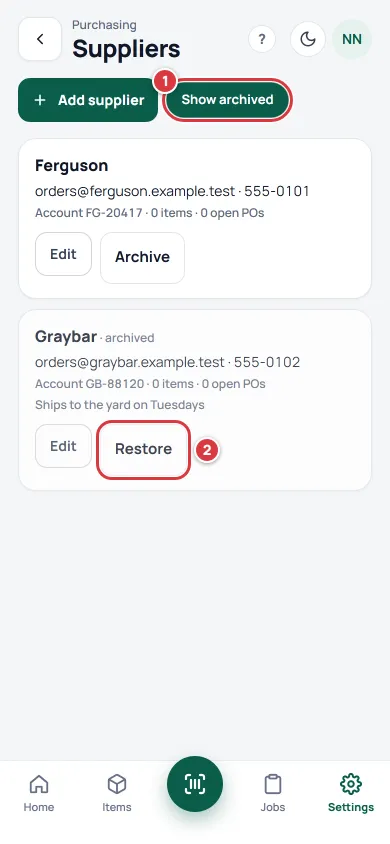 The Suppliers screen with archived suppliers shown. The Show archived button is marked 1 and the Restore button of the archived supplier is marked 2.