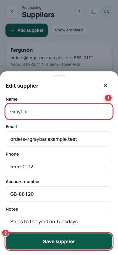 The Edit supplier sheet. The Name box is marked 1 and the Save supplier button is marked 2.