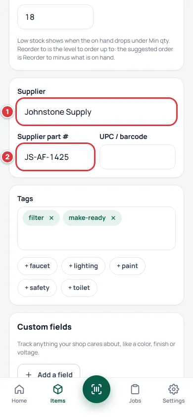 The Supplier and Supplier part # boxes on an item's edit form, marked 1 and 2.