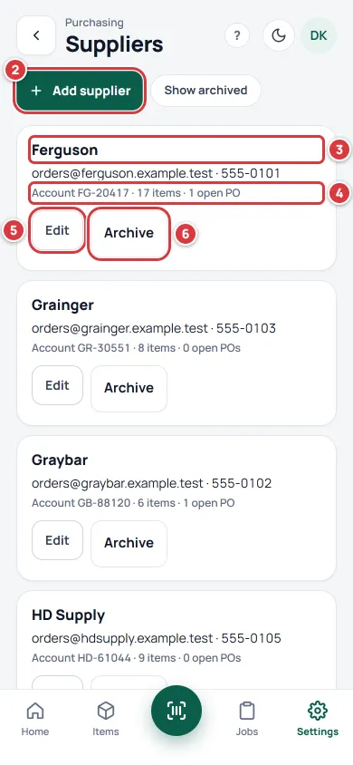 The Suppliers screen on a phone. The Add supplier button is marked 2, a supplier's name is marked 3, its counts are marked 4 and its Edit and Archive buttons are marked 5 and 6.