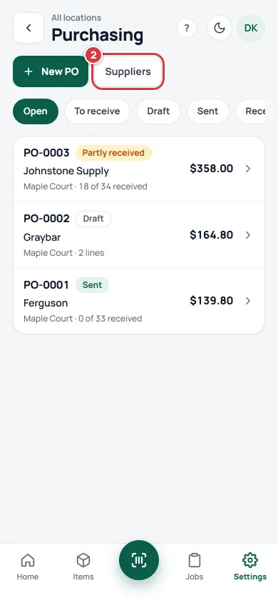 The Purchasing screen on a phone with the Suppliers button marked 1.