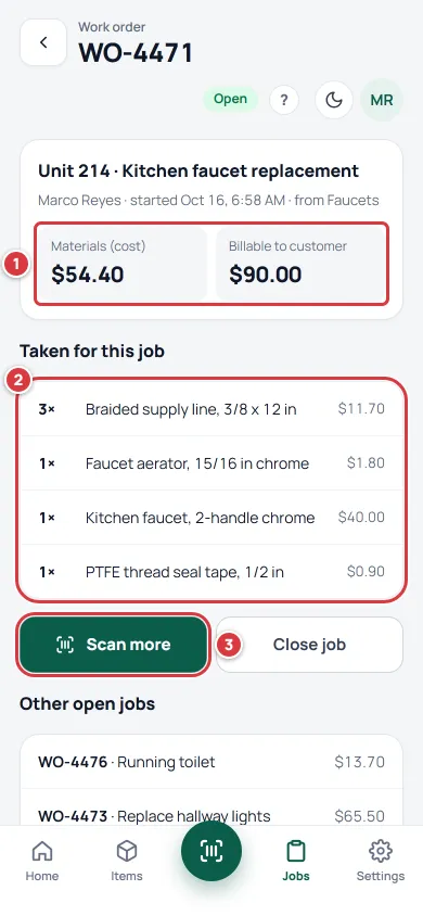 A job's page. Mark 1 is the cost and billable numbers, mark 2 is the list of parts taken and mark 3 is the Scan more button.