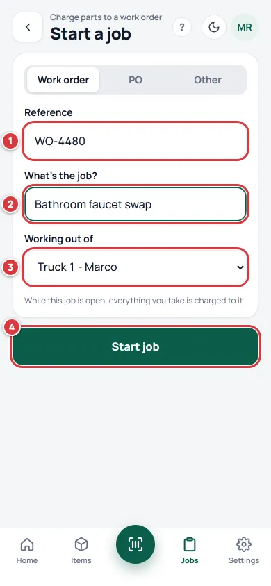 The Start a job form filled in. Mark 1 is the Reference, mark 2 is What's the job, mark 3 is Working out of and mark 4 is the Start job button.
