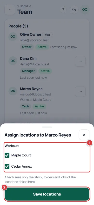 The Assign locations sheet with two locations ticked and Save locations below.