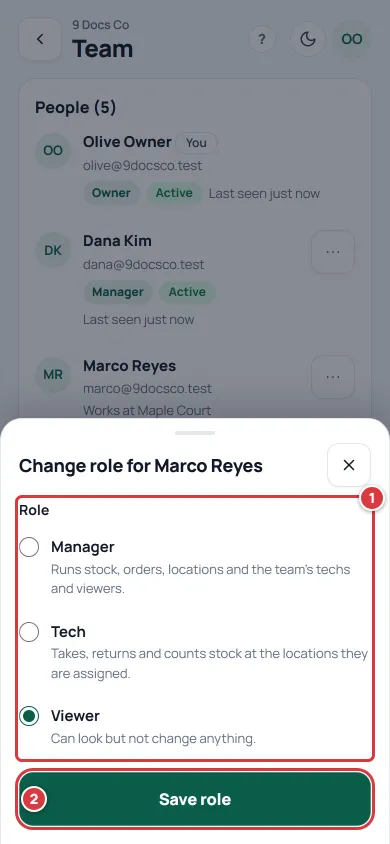 The Change role sheet with the three roles and Save role.